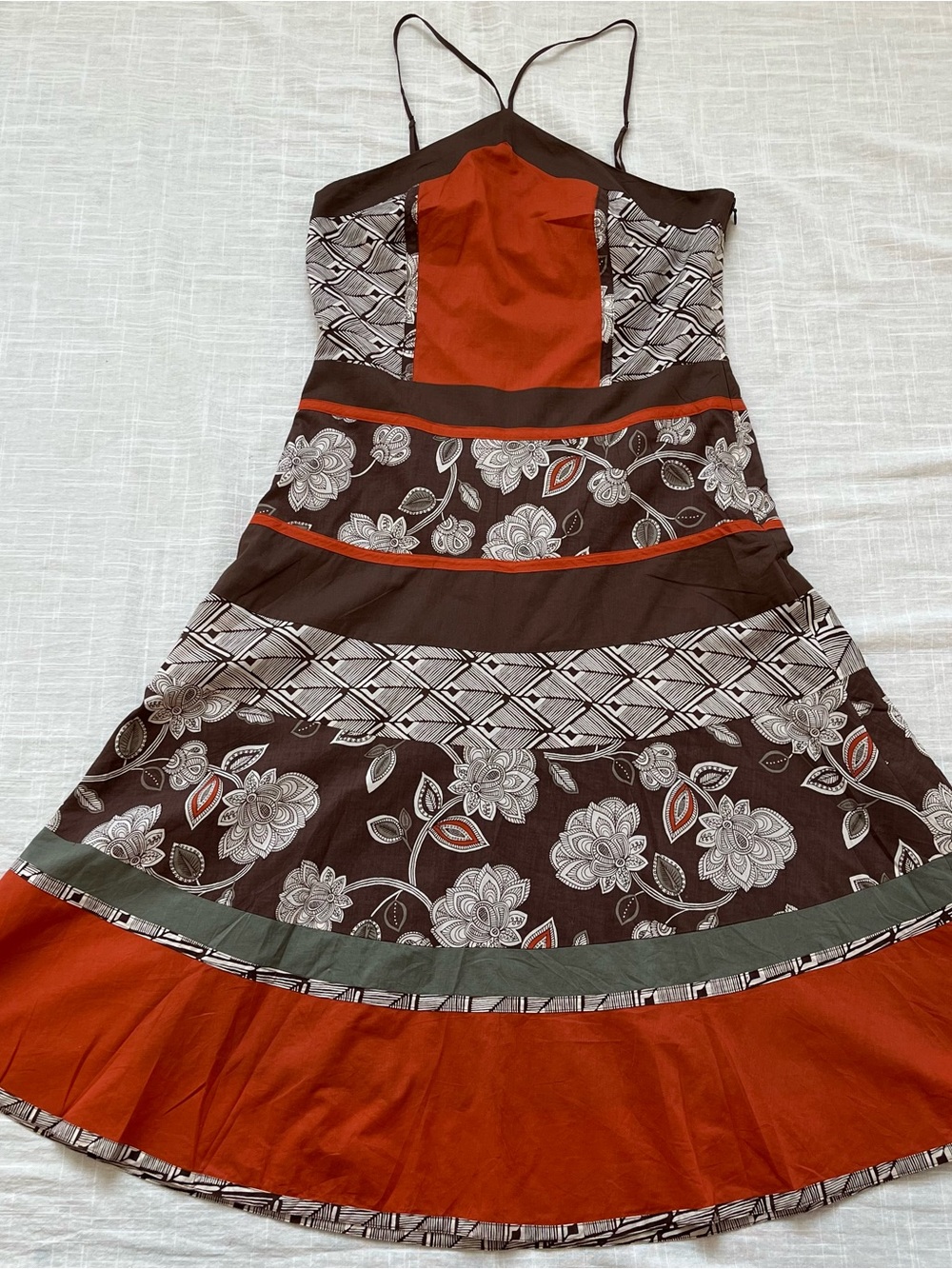 BCBGMaxAzria Brown & Rust Patterned Patchwork  Bohemian Midi Dress